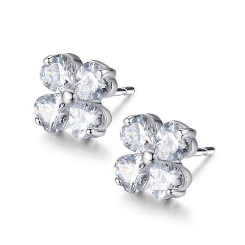 Argent sterling 925 boucle d oreille dormeuse, Trèfle à quatre feuilles, pour femme & avec strass Vendu par paire