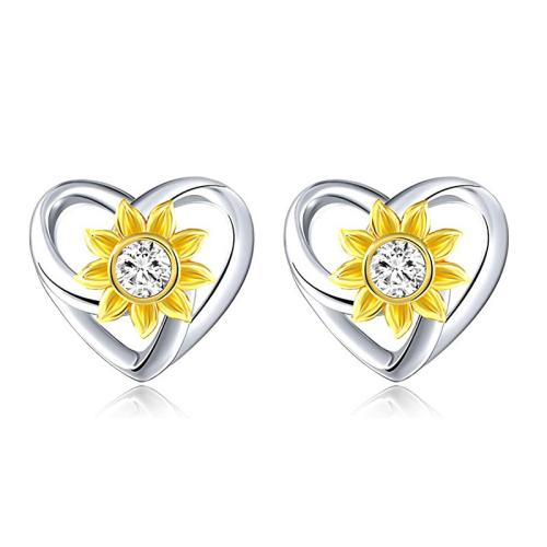 Argent sterling 925 boucle d oreille dormeuse, coeur, avec le motif de fleurs & pavé de micro zircon & pour femme & creux Vendu par paire