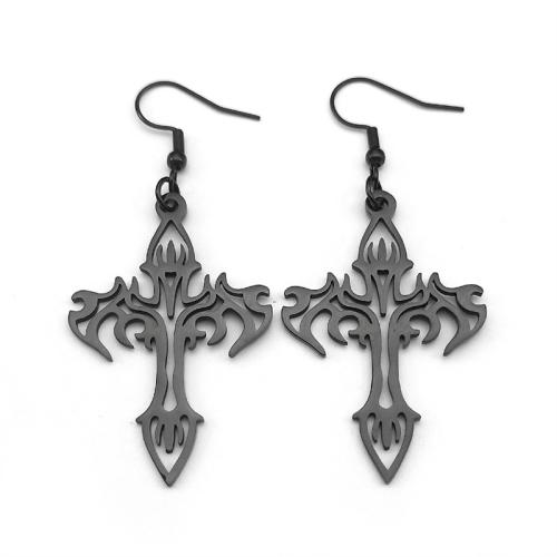 Boucle d'oreille goutte inox, Acier inoxydable 304, croix, Placage, bijoux de mode & pour femme & creux, noire, Vendu par paire