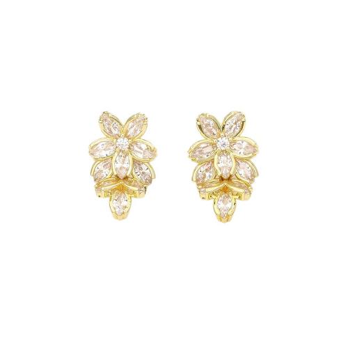 Cubic Zircon Brass Earring, with Cubic Zirconia, Flower, real gold plated, fashion jewelry & for woman 