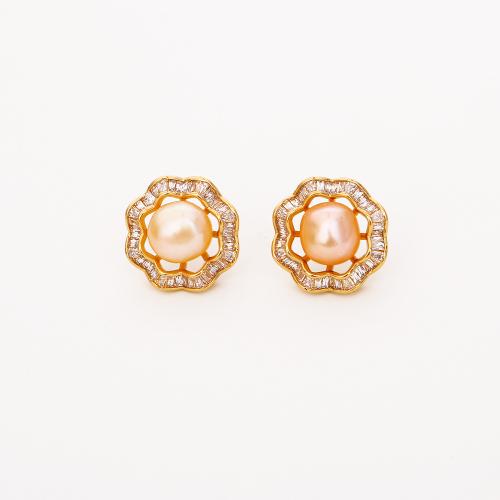 Boucles d'oreilles d'eau douce de Perle , laiton, avec perle d'eau douce cultivée, Plaqué d'or, bijoux de mode & pavé de micro zircon & pour femme & creux, Vendu par paire