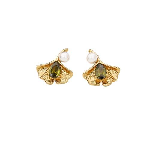 Cubic Zircon Brass Earring, with Cubic Zirconia & Plastic Pearl, Ginkgo Leaf, real gold plated, fashion jewelry & for woman 