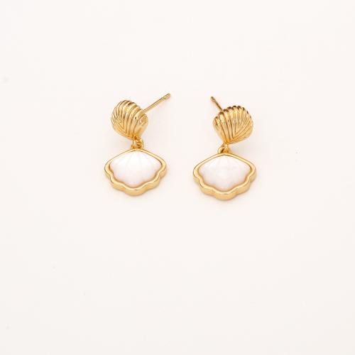Латунные серьги падение, Латунь, с жемчужный устрица, Гинкго лист, плакированный настоящим золотом, ювелирные изделия моды & Женский, продается Пара