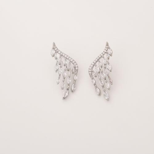 Befestiger Zirkonia Messing Ohrring, mit kubischer Zirkonia, Engel, Flügel,, plattiert, Modeschmuck & für Frau, Silberfarbe, verkauft von Paar