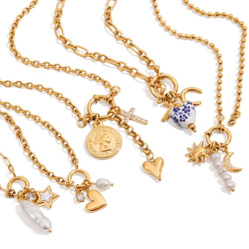 ステンレス鋼のジュエリーネックレス, 304ステンレススチール, とともに 天然有核フレッシュウォーターパール, メッキ, 異なるスタイルを選択 & 女性用 & ライン石のある, 金色, 売り手 パソコン