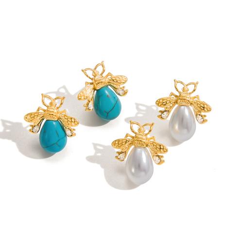 Boucle en acier inoxydable zircons cubiques, Acier inoxydable 304, avec turquoise & perle de plastique, Placage, différents matériaux pour le choix & pavé de micro zircon & pour femme, doré, Vendu par paire