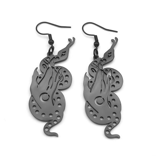 Boucle d'oreille goutte inox, Acier inoxydable 304, serpent, Placage, bijoux de mode & pour femme & creux, noire, Vendu par paire