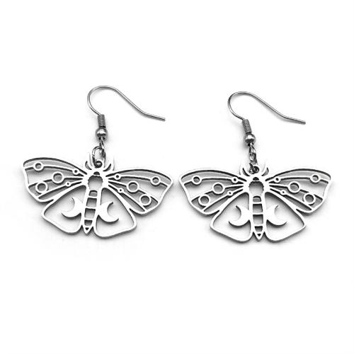 Boucle d'oreille goutte inox, Acier inoxydable 304, papillon, Placage, bijoux de mode & pour femme & creux, argent, Vendu par paire