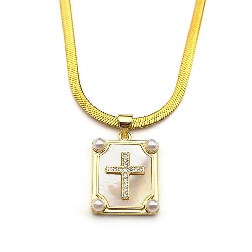 Handgemachte Messinghalskette, Messing, mit 304 Edelstahl Kette & Weiße Muschel & Kunststoff Perlen, goldfarben plattiert, Modeschmuck & für Frau, verkauft von PC