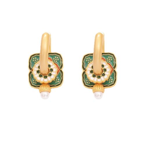 Латунные серьги падение, Латунь, с Пластиковая жемчужина, плакированный настоящим золотом, ювелирные изделия моды & Женский & эмаль, продается Пара