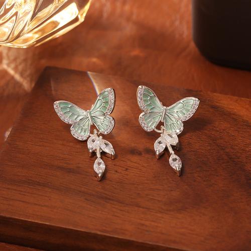 Befestiger Zirkonia Messing Ohrring, Schmetterling, plattiert, Micro pave Zirkonia & für Frau & Emaille, Silberfarbe, verkauft von Paar