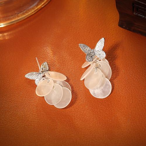 White Shell Earrings, Brass, with Shell, Butterfly, plated, fashion jewelry & for woman, silver color 