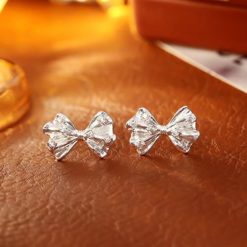 Befestiger Zirkonia Messing Ohrring, Schleife, silberfarben plattiert, Modeschmuck & Micro pave Zirkonia & für Frau, verkauft von Paar