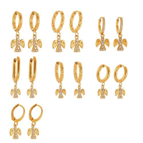 Boucle d'oreille goutte inox, Acier inoxydable 304, ange, Placage, bijoux de mode & pavé de micro zircon & pour femme, doré, Vendu par paire
