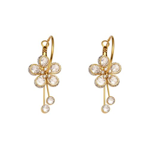 Boucle d'oreille goutte inox, Acier inoxydable 304, fleur, Placage, bijoux de mode & pavé de micro zircon & pour femme, plus de couleurs à choisir, Vendu par paire