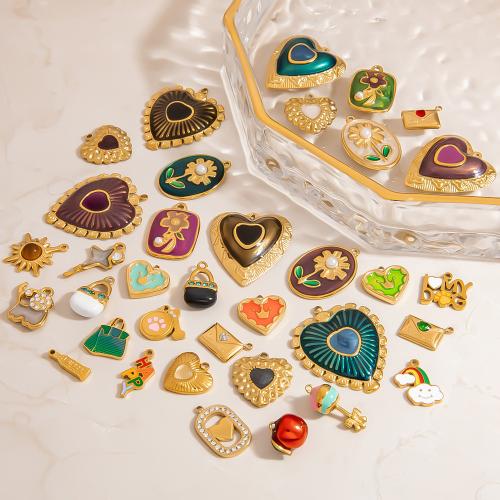 Stainless Steel Pendants, 304 Stainless Steel, with Plastic Pearl, gold color plated, DIY & enamel & with rhinestone 