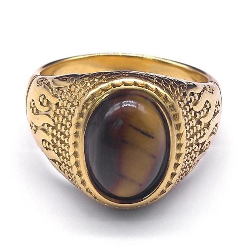 Gemstone Stainless Steel Finger Ring, 304 Stainless Steel, with Tiger Eye, plated, fashion jewelry & Unisex golden 
