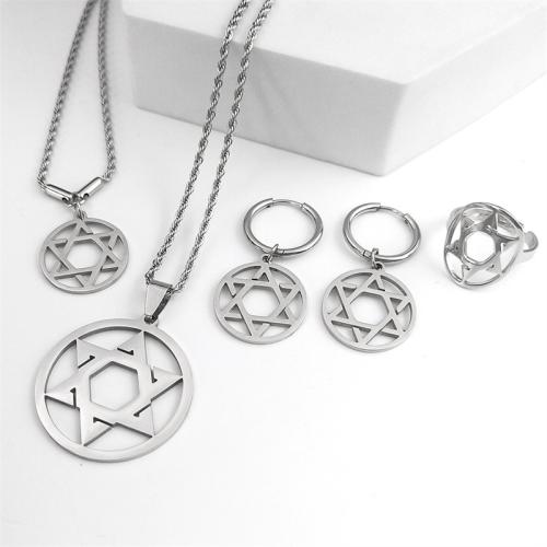 Parures de bijoux en acier inoxydable, Acier inoxydable 304, bague, anneau & Bracelet & boucle d'oreille & collier, Placage, 4 pièces & pour femme & creux, argent, Vendu par fixé