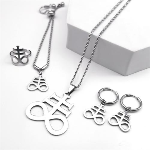 Parures de bijoux en acier inoxydable, Acier inoxydable 304, bague, anneau & Bracelet & boucle d'oreille & collier, Placage, 4 pièces & pour femme & creux, argent, Vendu par fixé