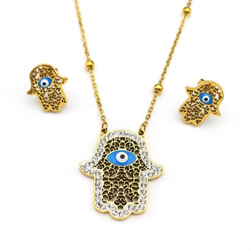 Evil Eye Ensemble de bijoux, Acier inoxydable 304, Boucle d’oreille stud & collier, main, goutté d'époxy, 2 pièces & pour femme & avec strass & creux, doré, Vendu par fixé