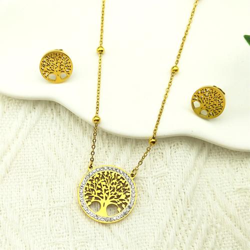 Joyería de acero inoxidable de diamantes de imitación, acero inoxidable 304, Pendiente de stud & collar, Esférico, chapado, 2 piezas & para mujer & con diamantes de imitación & hueco, dorado, Vendido por Set