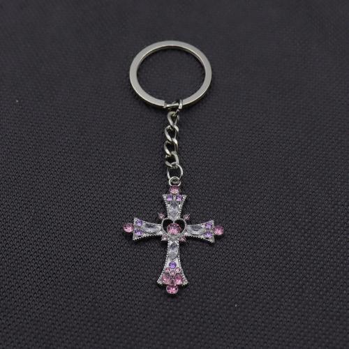 porte-clés en alliage zinc à stras, alliage de zinc, croix, Placage de couleur d'or, bijoux de mode & avec strass, plus de couleurs à choisir, Vendu par PC