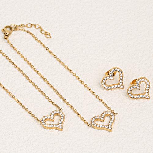 Joyería de acero inoxidable de diamantes de imitación, acero inoxidable 304, Pendiente de stud & pulsera & collar, chapado, tres piezas & para mujer & con diamantes de imitación & hueco, más colores para la opción, Vendido por Set