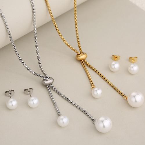 Parures de bijoux en acier inoxydable, Acier inoxydable 304, Boucle d’oreille stud & collier, avec perle de plastique, Placage, 2 pièces & bijoux de mode & pour femme, plus de couleurs à choisir, Vendu par fixé