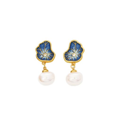 南海シェル ドロップ イヤリング, 銅, とともに シェルパール, 蓮の葉, 純正ゴールド, マイクロパヴェジルコニア & 女性用 & エナメル, 無色, 売り手 ペア