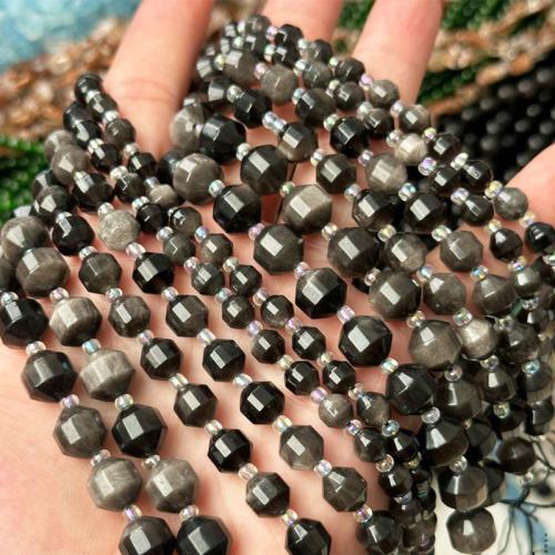 Perles de pierre gemme unique, Argent-Obsidienne, lanterne, DIY & normes différentes pour le choix & facettes Environ 38 cm, Vendu par brin