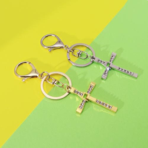 porte-clés en alliage zinc à stras, alliage de zinc, croix, Placage de couleur d'or, bijoux de mode & avec strass, plus de couleurs à choisir, Vendu par PC