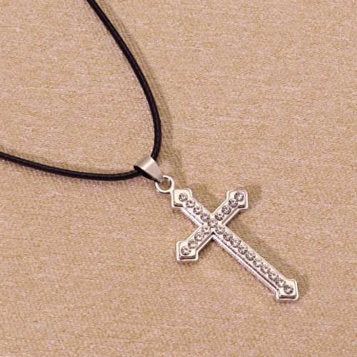 Chaîne en alliage de zinc de fer Collier Pull, croix, Placage de couleur d'or, bijoux de mode & avec strass, argent, Vendu par PC[