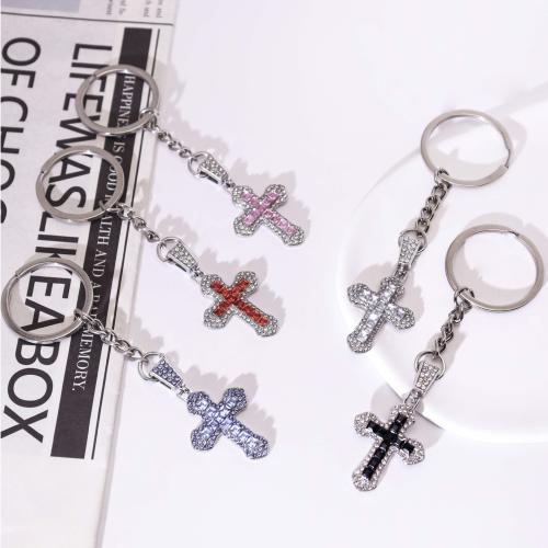 porte-clés en alliage zinc à stras, alliage de zinc, croix, Placage de couleur d'or, bijoux de mode, plus de couleurs à choisir, Vendu par PC