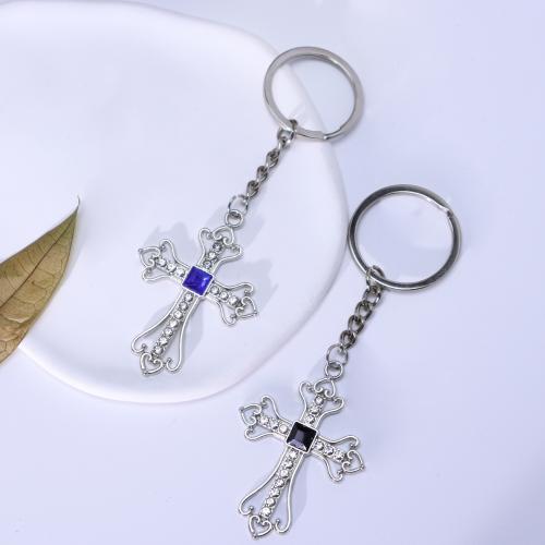 porte-clés en alliage zinc à stras, alliage de zinc, croix, Placage de couleur d'or, bijoux de mode & avec strass, plus de couleurs à choisir, Vendu par PC