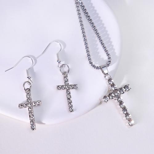 Strass Zink Legierung Schmuck Set, Zinklegierung, Ohrring & Halskette, Kreuz, goldfarben plattiert, Modeschmuck & mit Strass, keine, verkauft von setzen