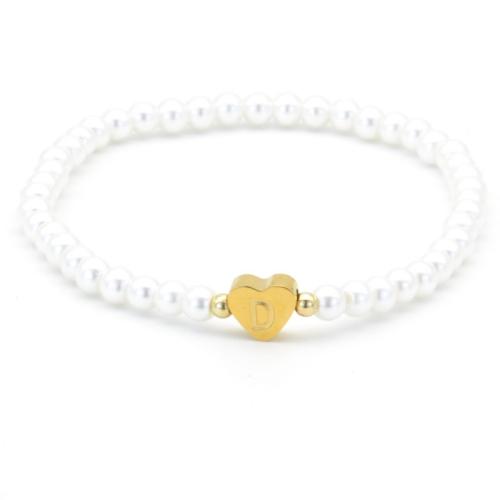 Plastic Pearl Bracelet, with 304 Stainless Steel, Heart, gold color plated, Unisex & with letter pattern Approx 6-7 Inch [