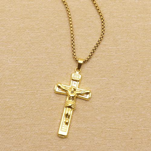 Chaîne en alliage de zinc de fer Collier Pull, croix, Placage de couleur d'or, bijoux de mode, Or, Vendu par PC