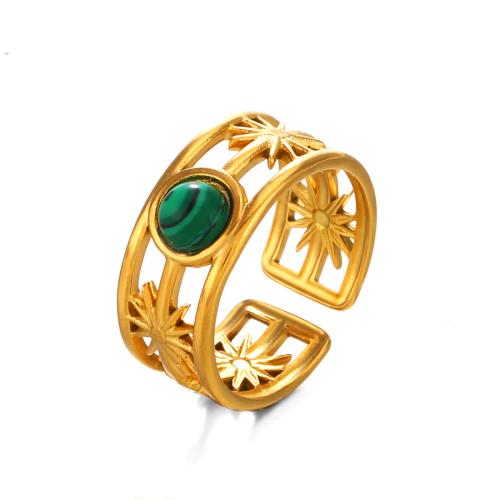 Gemstone Stainless Steel Finger Ring, 304 Stainless Steel, with Natural Stone, plated & for woman & hollow, golden 