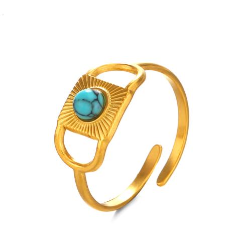 Gemstone Stainless Steel Finger Ring, 304 Stainless Steel, with turquoise, plated, fashion jewelry & for woman & hollow, golden 