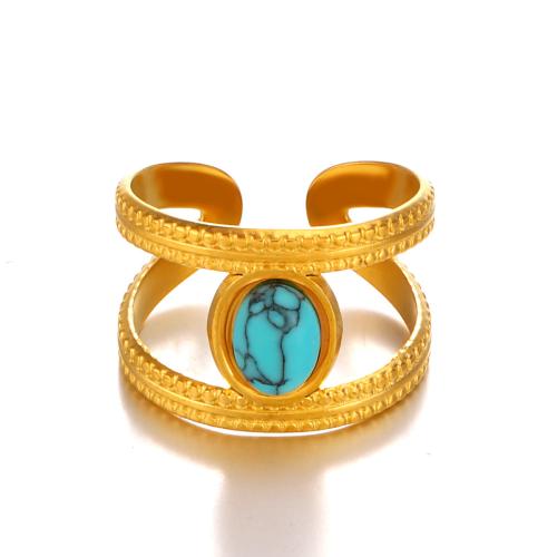 Gemstone Stainless Steel Finger Ring, 304 Stainless Steel, with turquoise, plated & for woman & hollow, golden 
