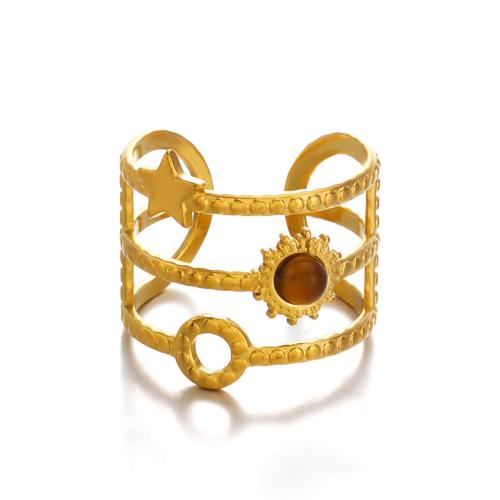 Gemstone Stainless Steel Finger Ring, 304 Stainless Steel, with Natural Stone, gold color plated & for woman & hollow 