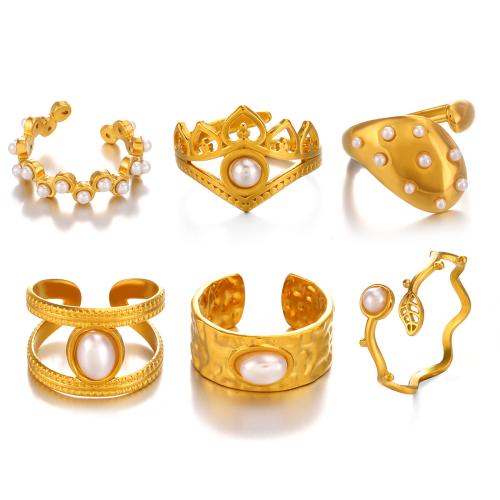 Bague en acier inoxydable, Acier inoxydable 304, avec perle de plastique, Placage, bijoux de mode & styles différents pour le choix & pour femme, doré, Vendu par PC