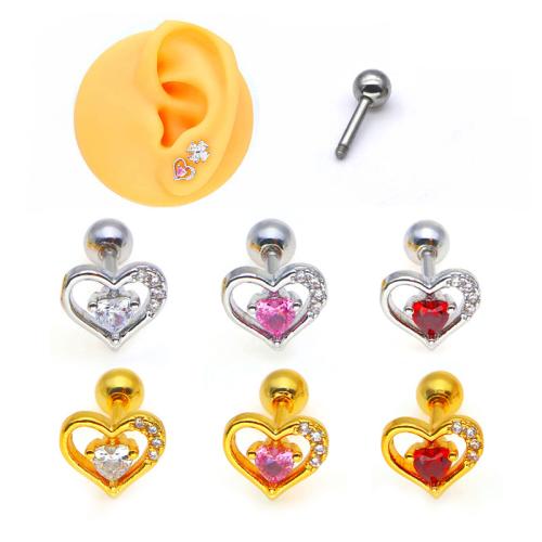 Brass Piercing Earring, Heart, plated, Unisex & micro pave cubic zirconia, earring rod size 6mm 
