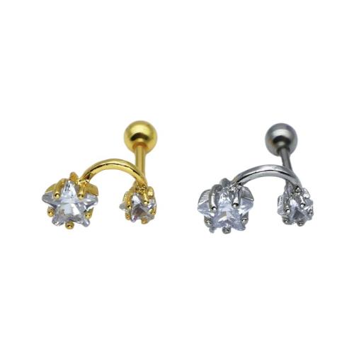 Brass tongue ring, with 304 Stainless Steel, plated, Unisex & micro pave cubic zirconia, tongue ring rod size 6mm 