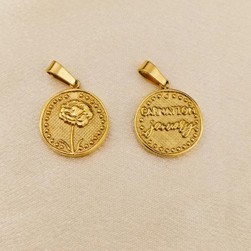 304 Stainless Steel Pendant, Flat Round, gold color plated, DIY & with flower pattern, 15mm 