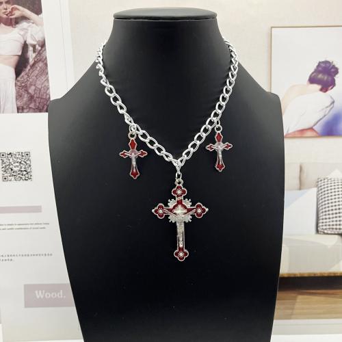 Chaîne en alliage de zinc de fer Collier Pull, croix, Placage de couleur d'or, bijoux de mode & émail, plus de couleurs à choisir, Vendu par PC