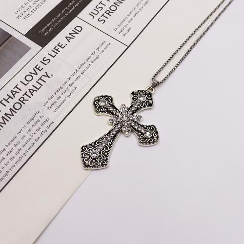 Chaîne en alliage de zinc de fer Collier Pull, croix, Placage de couleur d'or, bijoux de mode, argent, Vendu par PC