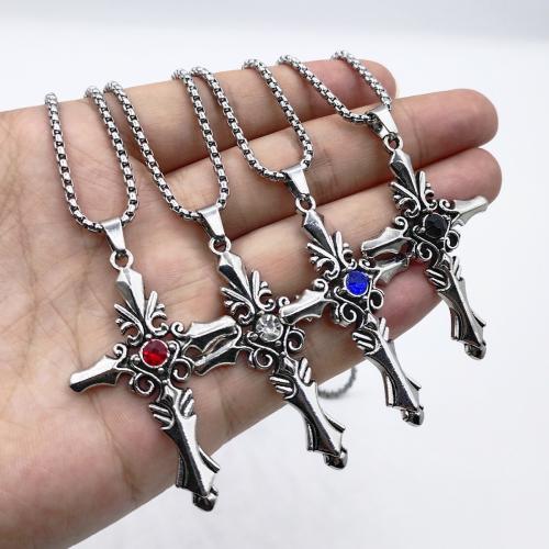 Chaîne en alliage de zinc de fer Collier Pull, croix, Placage de couleur d'or, bijoux de mode & avec strass, plus de couleurs à choisir, Vendu par PC