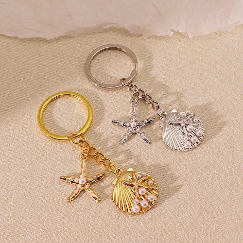 bijoux de porte-clés en Alliage de zinc, avec perle de plastique, coquille, Placage de couleur d'or, bijoux de mode, plus de couleurs à choisir, Vendu par PC