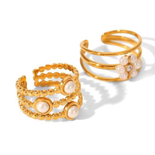 Bague en acier inoxydable, Acier inoxydable 304, avec perle de plastique, Placage, trois couches & styles différents pour le choix & pour femme, doré, Vendu par PC